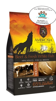 מזון לכלב בוגר מיני בקר ודג לבן 2 ק"ג חום אולטרה פרימיום אמברוסיה
