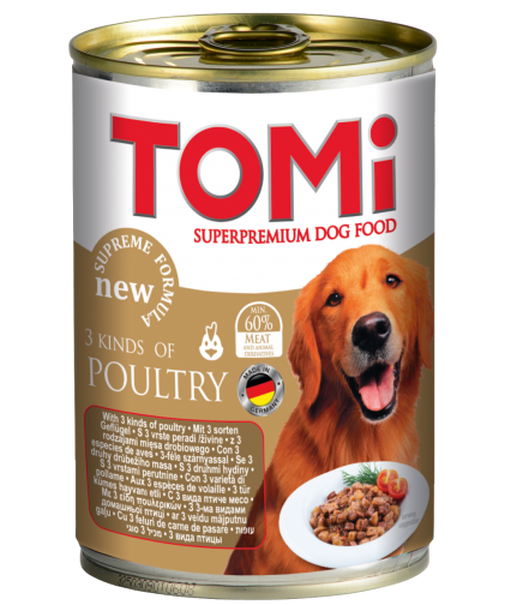 TOMI – שימורים לכלב עם 3 סוגי עוף 400 גר'